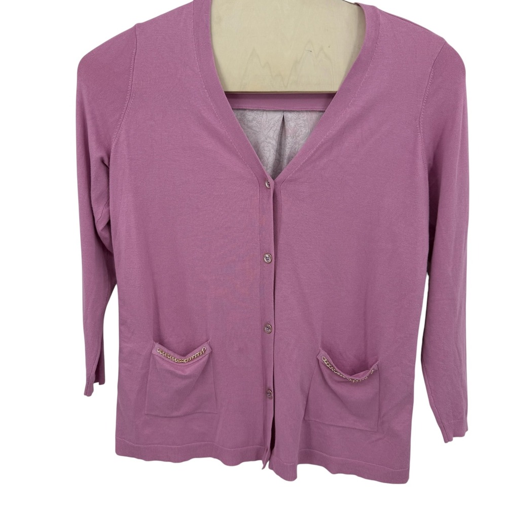 Susan Graver Womens Orchid Pink Mix Media Chain Pocket Cardigan  Large Lagenlook